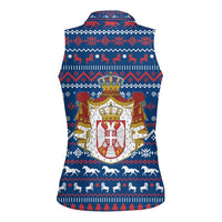 Serbia Christmas Women Sleeveless Polo Shirt with Traditional Santa Eagle Serbian Coat of Arms and Blue Red White Folk Pattern Design - Wonder Print Shop
