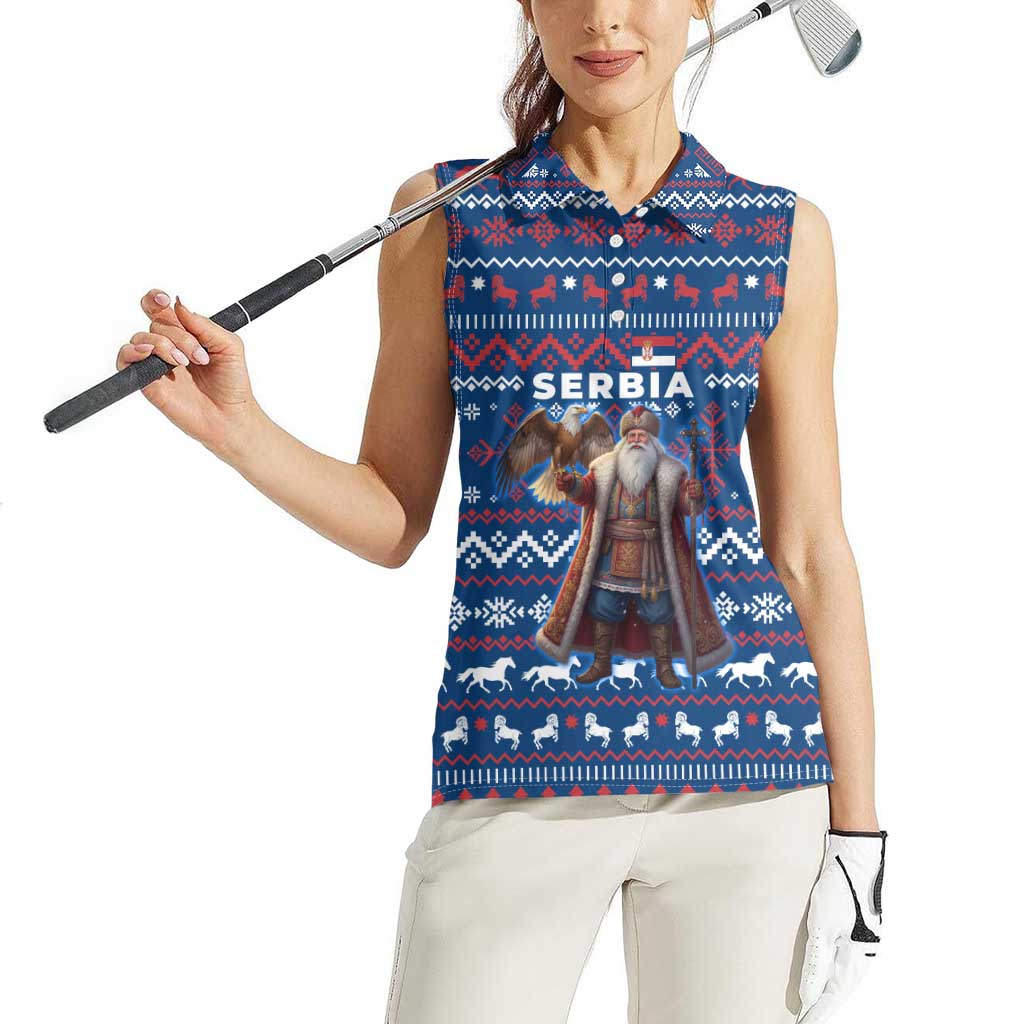 Serbia Christmas Women Sleeveless Polo Shirt with Traditional Santa Eagle Serbian Coat of Arms and Blue Red White Folk Pattern Design - Wonder Print Shop
