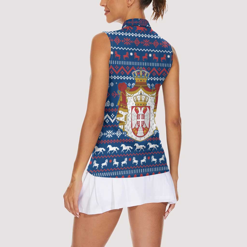 Serbia Christmas Women Sleeveless Polo Shirt with Traditional Santa Eagle Serbian Coat of Arms and Blue Red White Folk Pattern Design - Wonder Print Shop