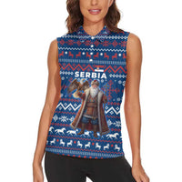 Serbia Christmas Women Sleeveless Polo Shirt with Traditional Santa Eagle Serbian Coat of Arms and Blue Red White Folk Pattern Design - Wonder Print Shop