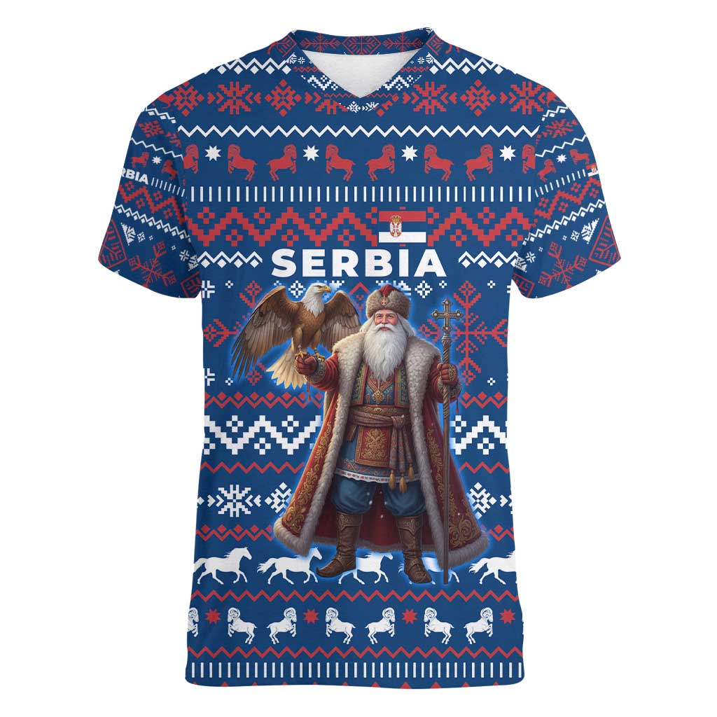Serbia Christmas Women V-Neck T-Shirt with Traditional Santa Eagle Serbian Coat of Arms and Blue Red White Folk Pattern Design - Wonder Print Shop