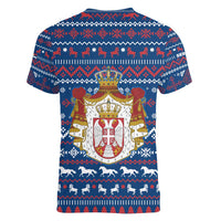 Serbia Christmas Women V-Neck T-Shirt with Traditional Santa Eagle Serbian Coat of Arms and Blue Red White Folk Pattern Design - Wonder Print Shop