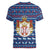 Serbia Christmas Women V-Neck T-Shirt with Traditional Santa Eagle Serbian Coat of Arms and Blue Red White Folk Pattern Design - Wonder Print Shop