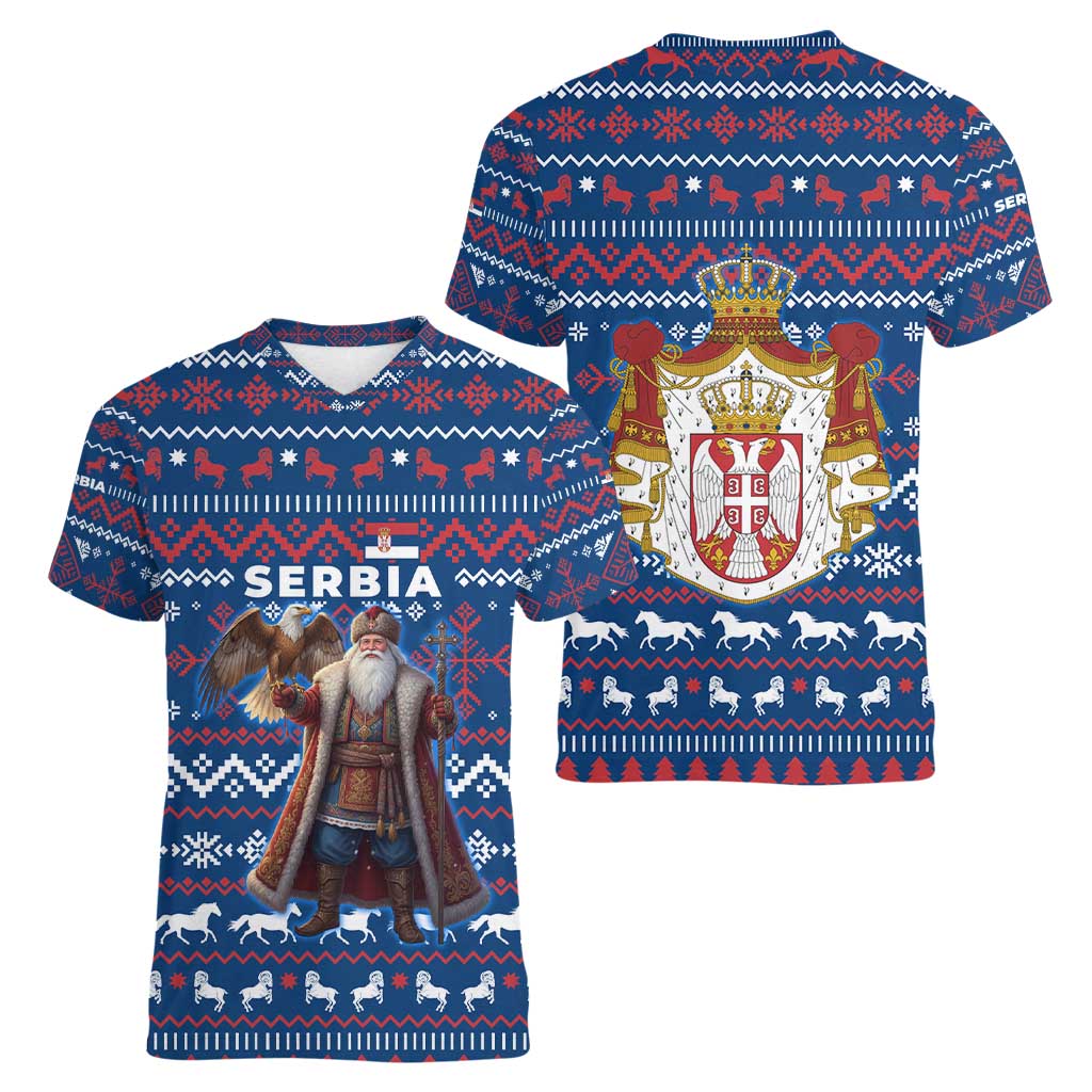 Serbia Christmas Women V-Neck T-Shirt with Traditional Santa Eagle Serbian Coat of Arms and Blue Red White Folk Pattern Design - Wonder Print Shop