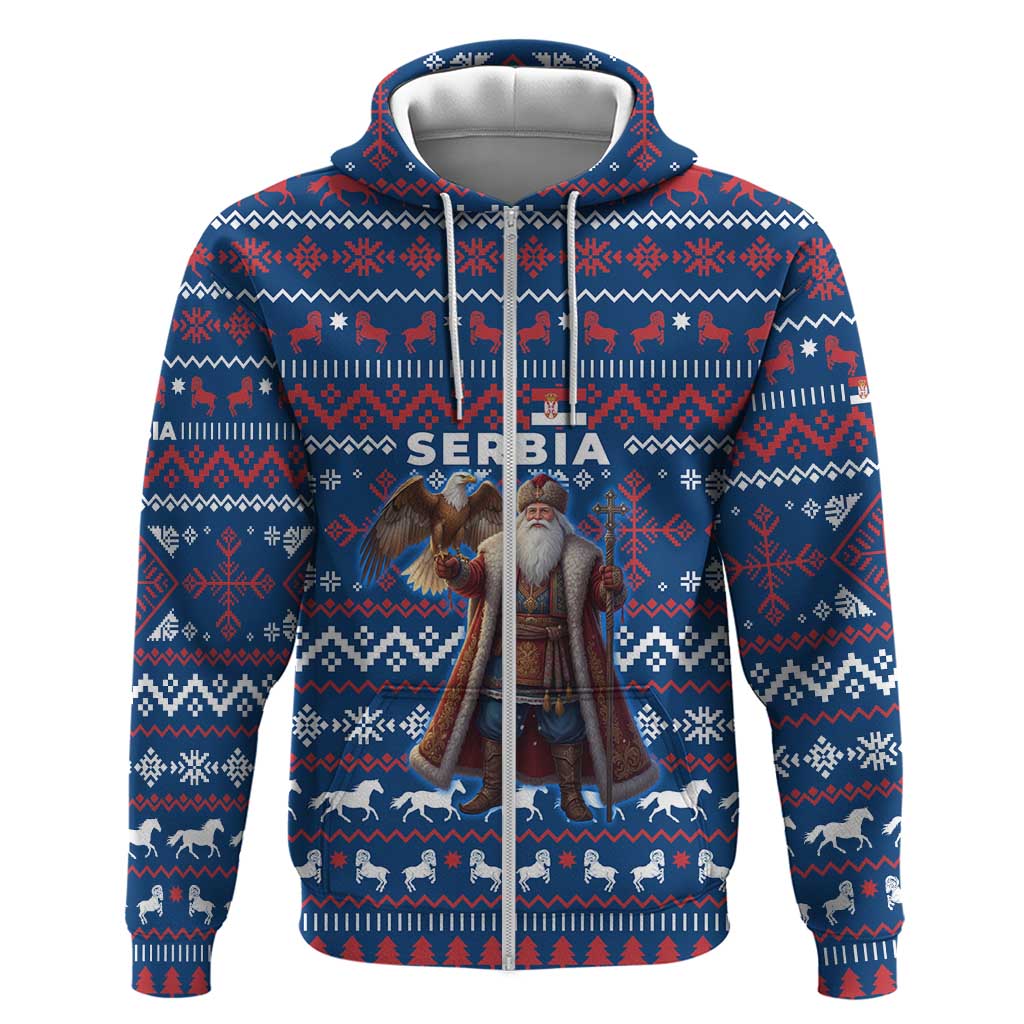 Serbia Christmas Zip Hoodie with Traditional Santa Eagle Serbian Coat of Arms and Blue Red White Folk Pattern Design - Wonder Print Shop