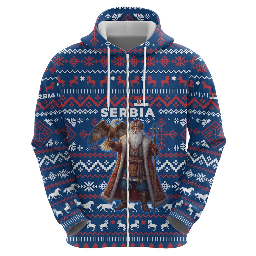 Serbia Christmas Zip Hoodie with Traditional Santa Eagle Serbian Coat of Arms and Blue Red White Folk Pattern Design - Wonder Print Shop