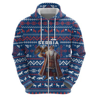 Serbia Christmas Zip Hoodie with Traditional Santa Eagle Serbian Coat of Arms and Blue Red White Folk Pattern Design - Wonder Print Shop