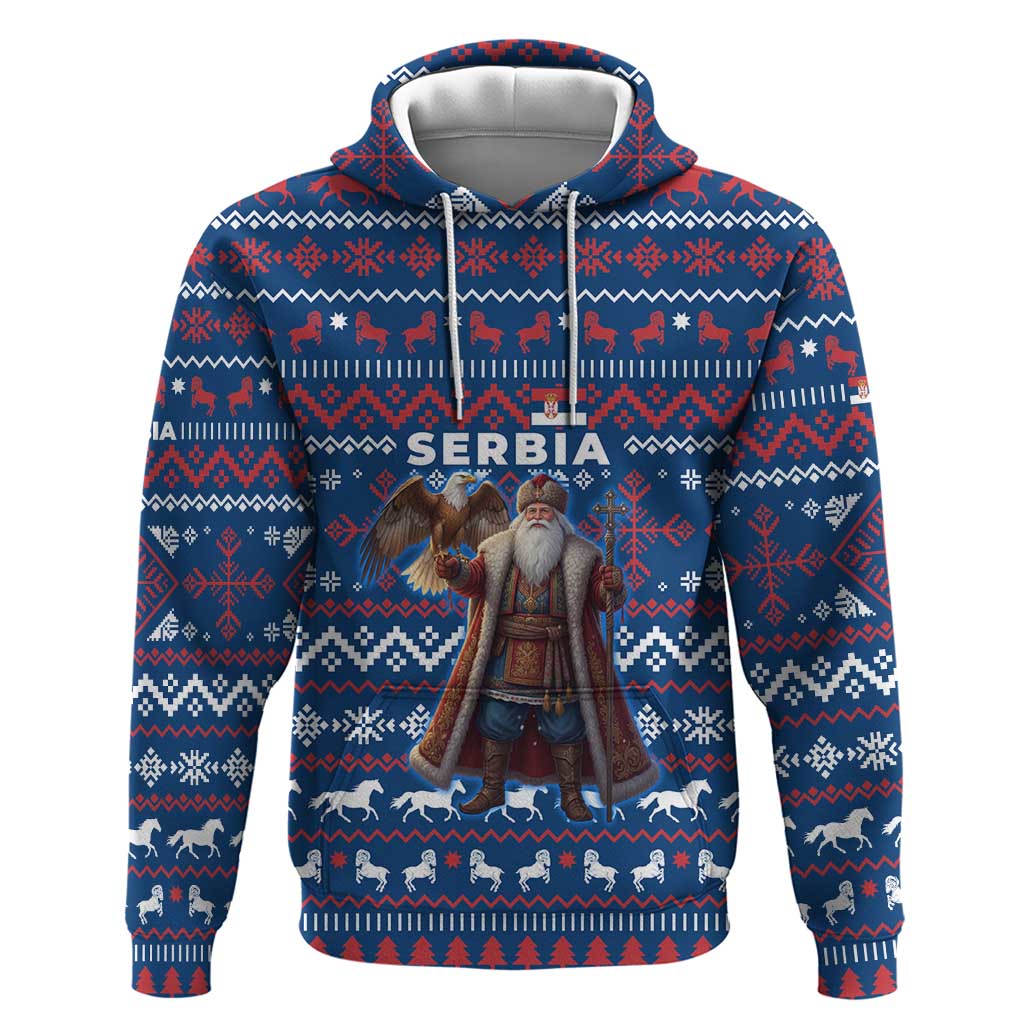 Serbia Christmas Zip Hoodie with Traditional Santa Eagle Serbian Coat of Arms and Blue Red White Folk Pattern Design - Wonder Print Shop