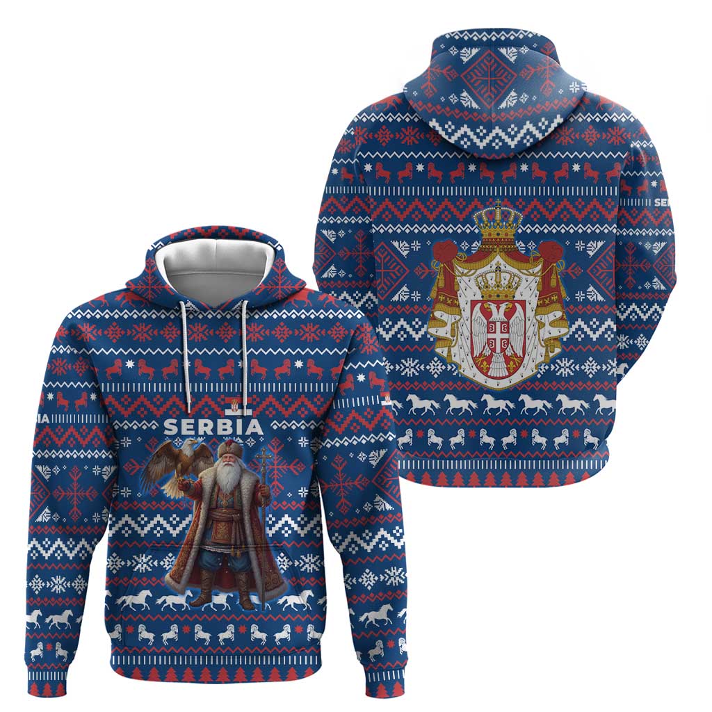 Serbia Christmas Zip Hoodie with Traditional Santa Eagle Serbian Coat of Arms and Blue Red White Folk Pattern Design - Wonder Print Shop