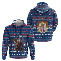 Serbia Christmas Zip Hoodie with Traditional Santa Eagle Serbian Coat of Arms and Blue Red White Folk Pattern Design - Wonder Print Shop