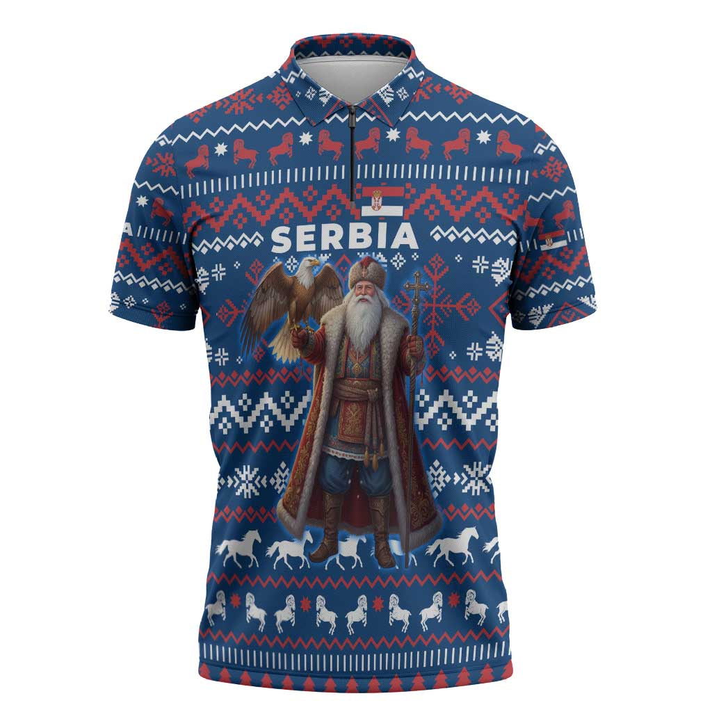 Serbia Christmas Zipper Polo Shirt with Traditional Santa Eagle Serbian Coat of Arms and Blue Red White Folk Pattern Design - Wonder Print Shop