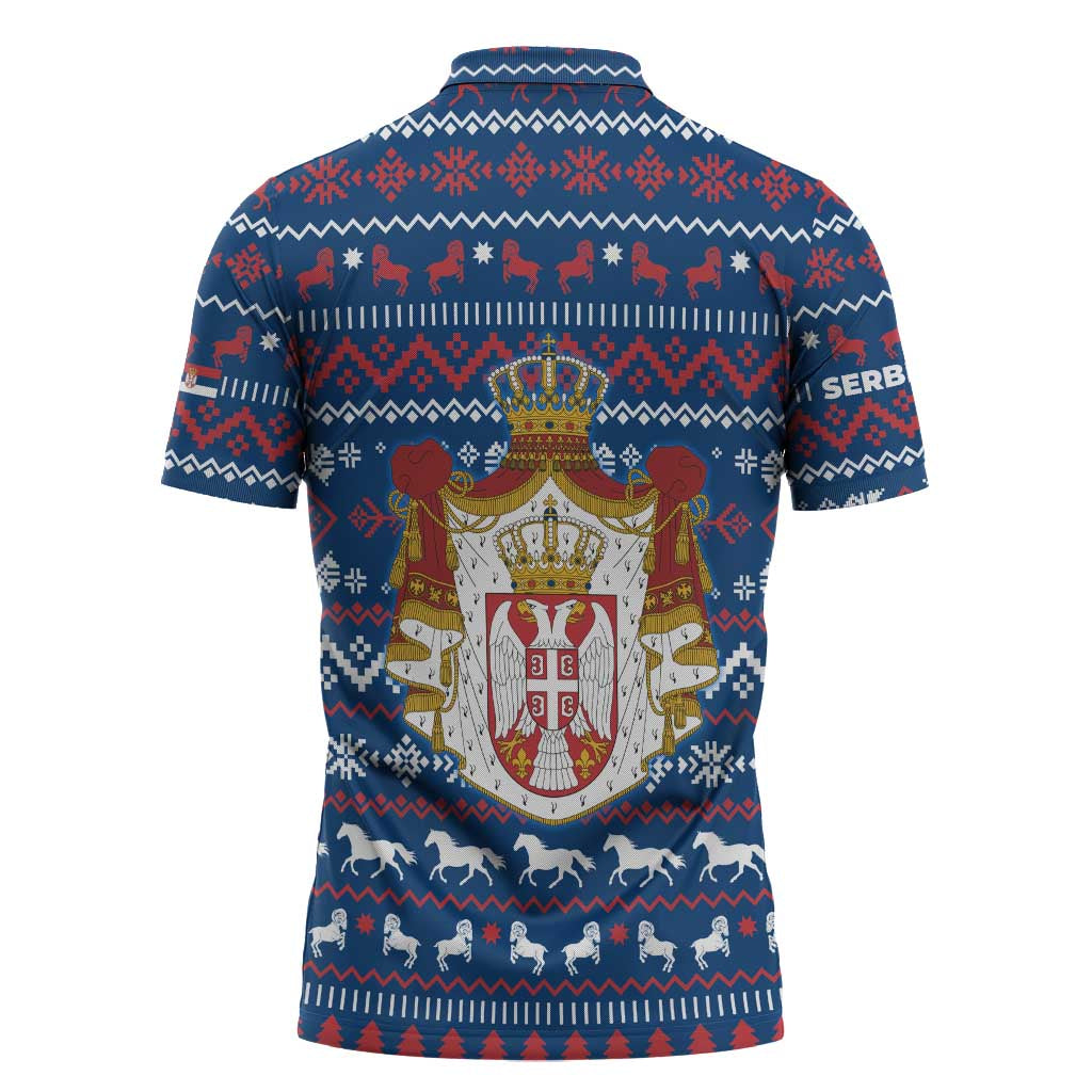 Serbia Christmas Zipper Polo Shirt with Traditional Santa Eagle Serbian Coat of Arms and Blue Red White Folk Pattern Design - Wonder Print Shop