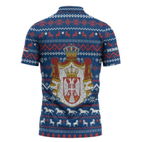 Serbia Christmas Zipper Polo Shirt with Traditional Santa Eagle Serbian Coat of Arms and Blue Red White Folk Pattern Design - Wonder Print Shop