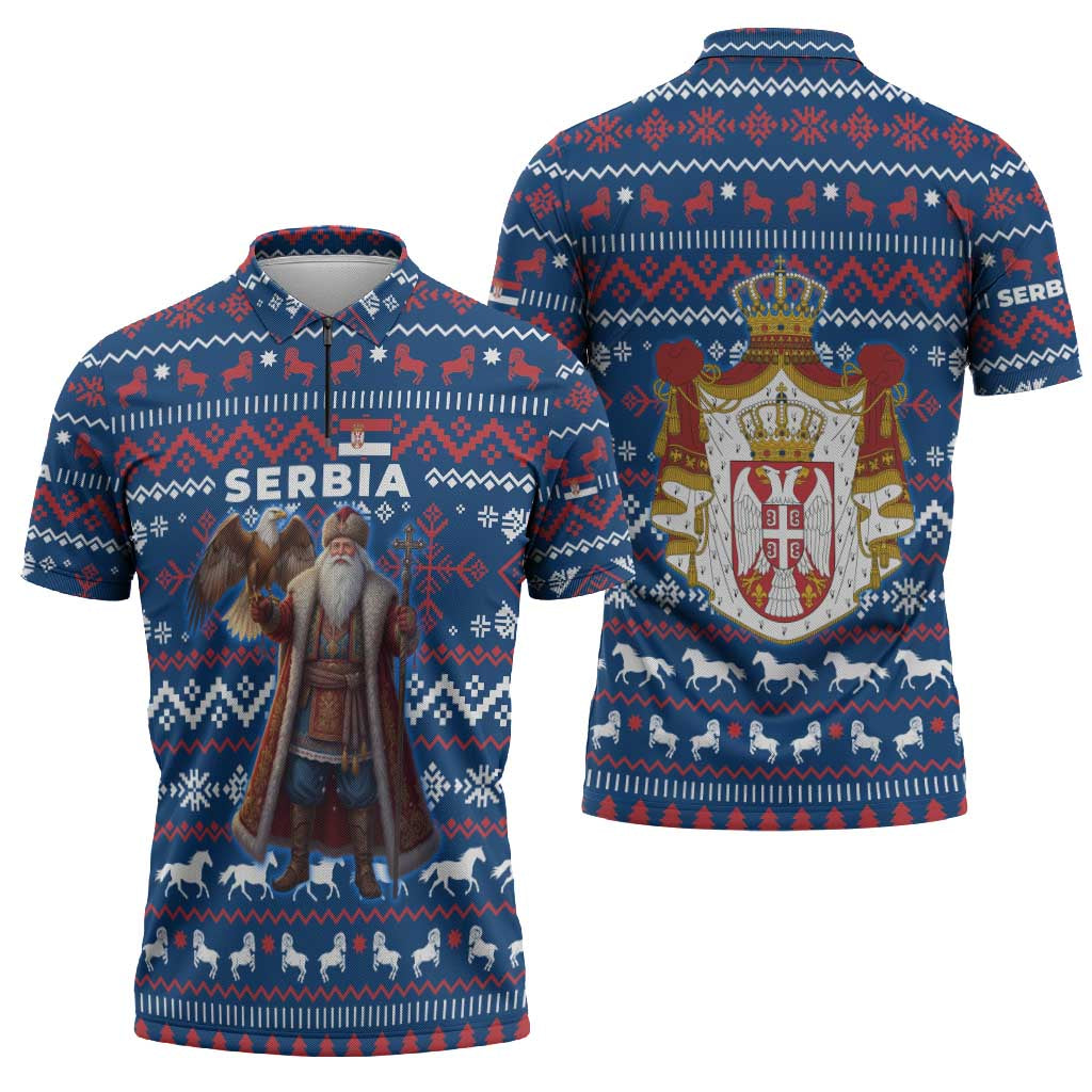 Serbia Christmas Zipper Polo Shirt with Traditional Santa Eagle Serbian Coat of Arms and Blue Red White Folk Pattern Design - Wonder Print Shop