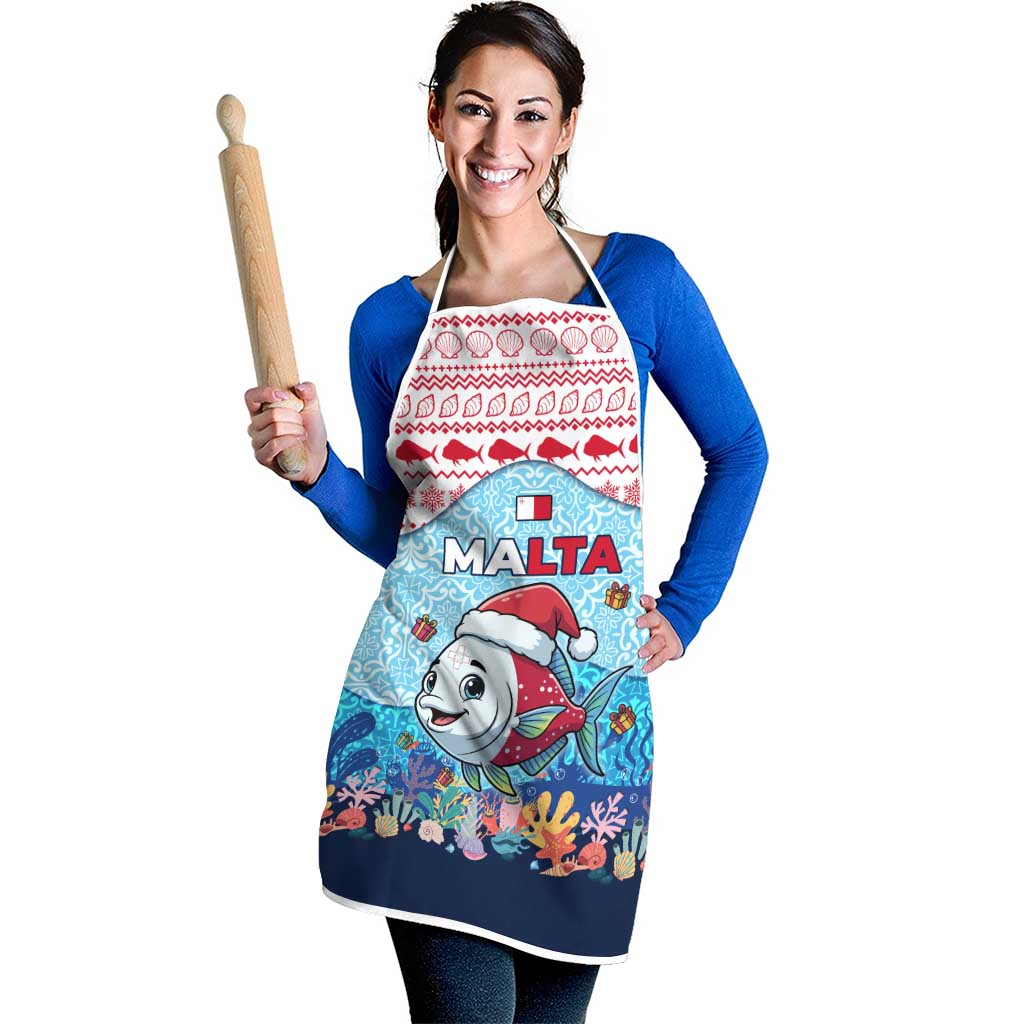 Malta Christmas Apron with Santa Fish Malta Flag Coral Reef and Red Blue Festive Pattern Design - Wonder Print Shop