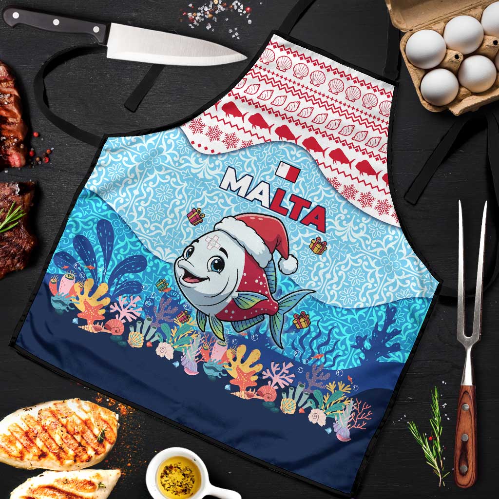 Malta Christmas Apron with Santa Fish Malta Flag Coral Reef and Red Blue Festive Pattern Design - Wonder Print Shop