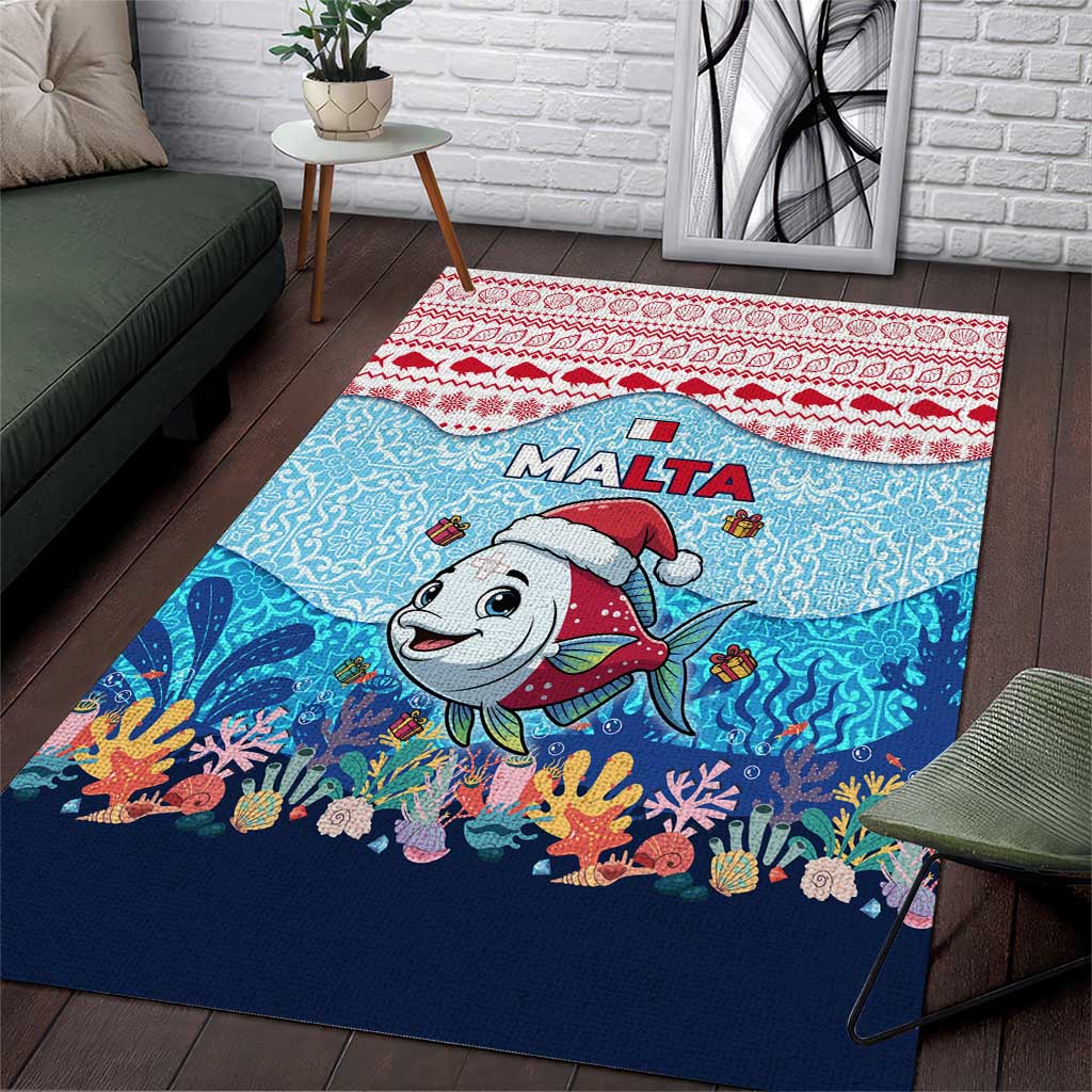 Malta Christmas Area Rug with Santa Fish Malta Flag Coral Reef and Red Blue Festive Pattern Design - Wonder Print Shop