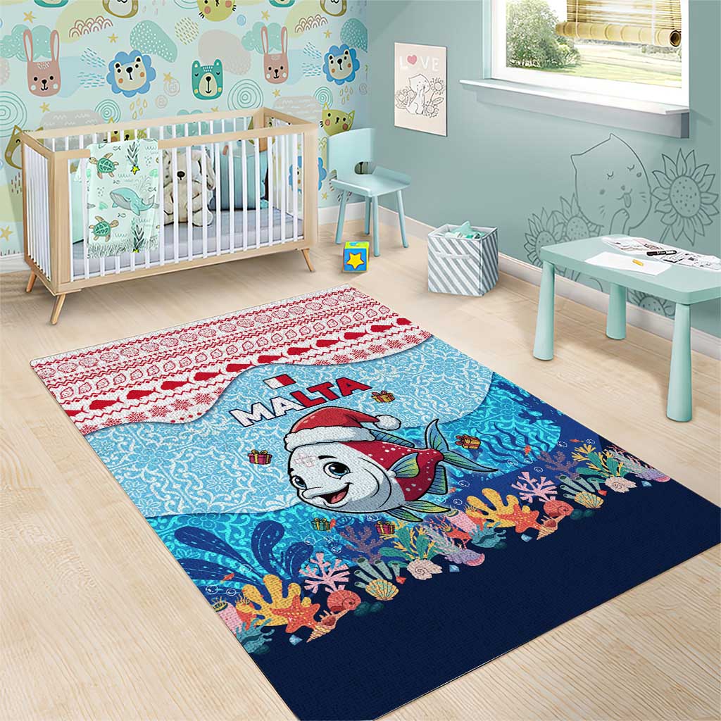 Malta Christmas Area Rug with Santa Fish Malta Flag Coral Reef and Red Blue Festive Pattern Design - Wonder Print Shop