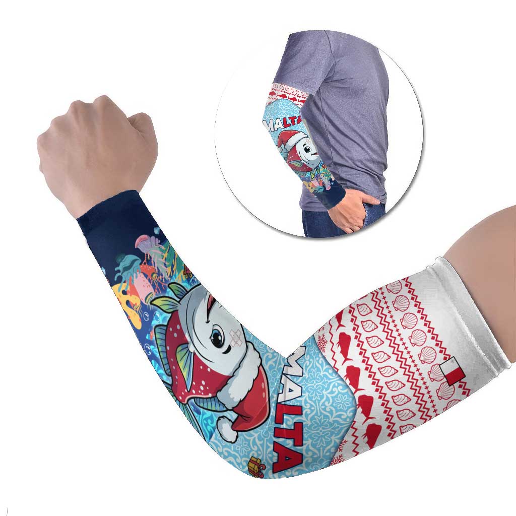 Malta Christmas Arm Sleeves with Santa Fish Malta Flag Coral Reef and Red Blue Festive Pattern Design - Wonder Print Shop