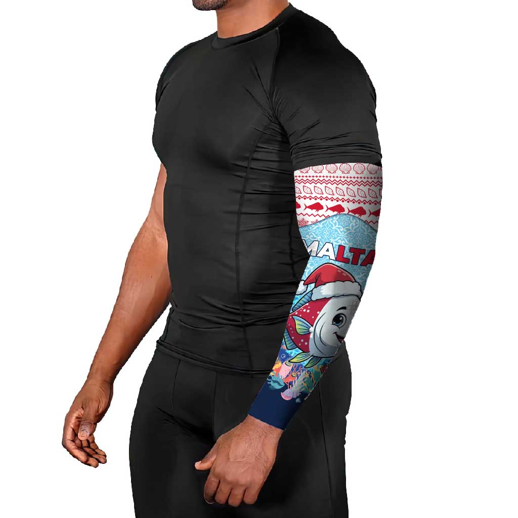 Malta Christmas Arm Sleeves with Santa Fish Malta Flag Coral Reef and Red Blue Festive Pattern Design - Wonder Print Shop