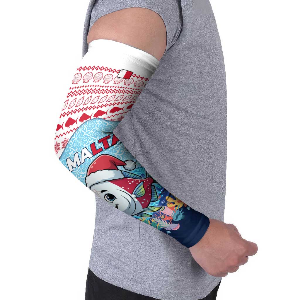 Malta Christmas Arm Sleeves with Santa Fish Malta Flag Coral Reef and Red Blue Festive Pattern Design - Wonder Print Shop