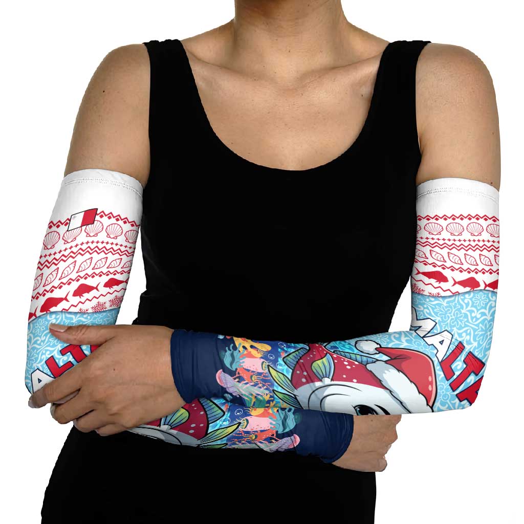 Malta Christmas Arm Sleeves with Santa Fish Malta Flag Coral Reef and Red Blue Festive Pattern Design - Wonder Print Shop