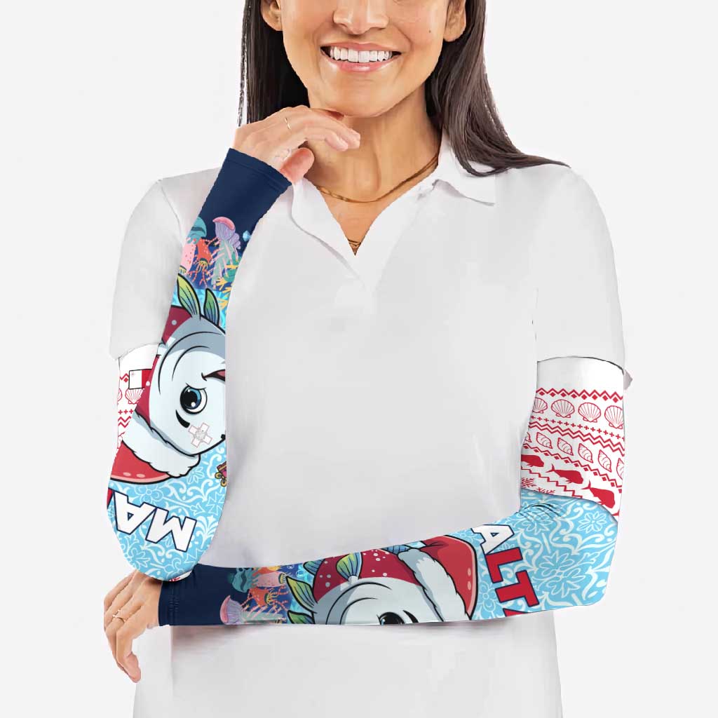 Malta Christmas Arm Sleeves with Santa Fish Malta Flag Coral Reef and Red Blue Festive Pattern Design - Wonder Print Shop