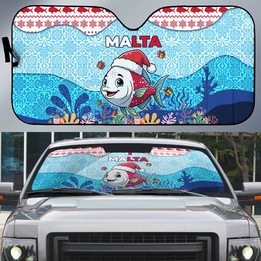 Malta Christmas Auto Sun Shade with Santa Fish Malta Flag Coral Reef and Red Blue Festive Pattern Design - Wonder Print Shop