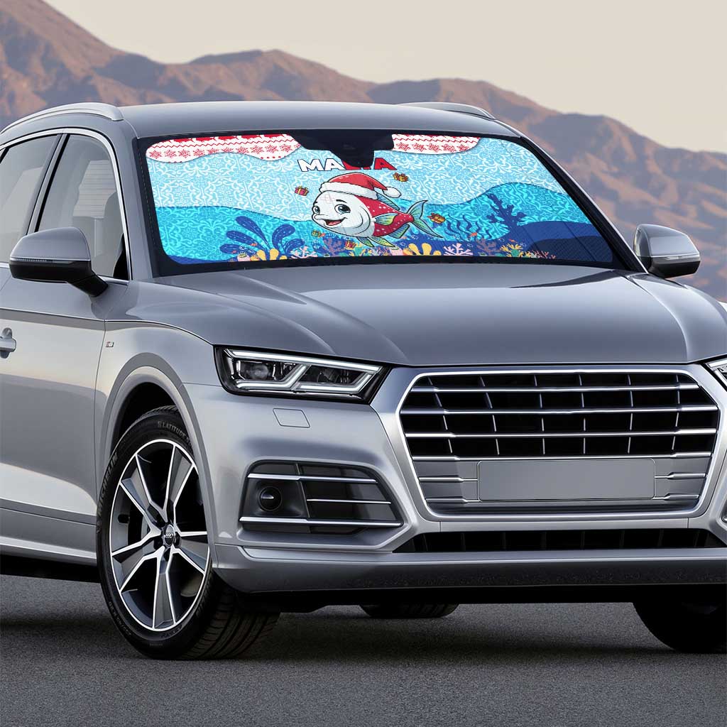 Malta Christmas Auto Sun Shade with Santa Fish Malta Flag Coral Reef and Red Blue Festive Pattern Design - Wonder Print Shop