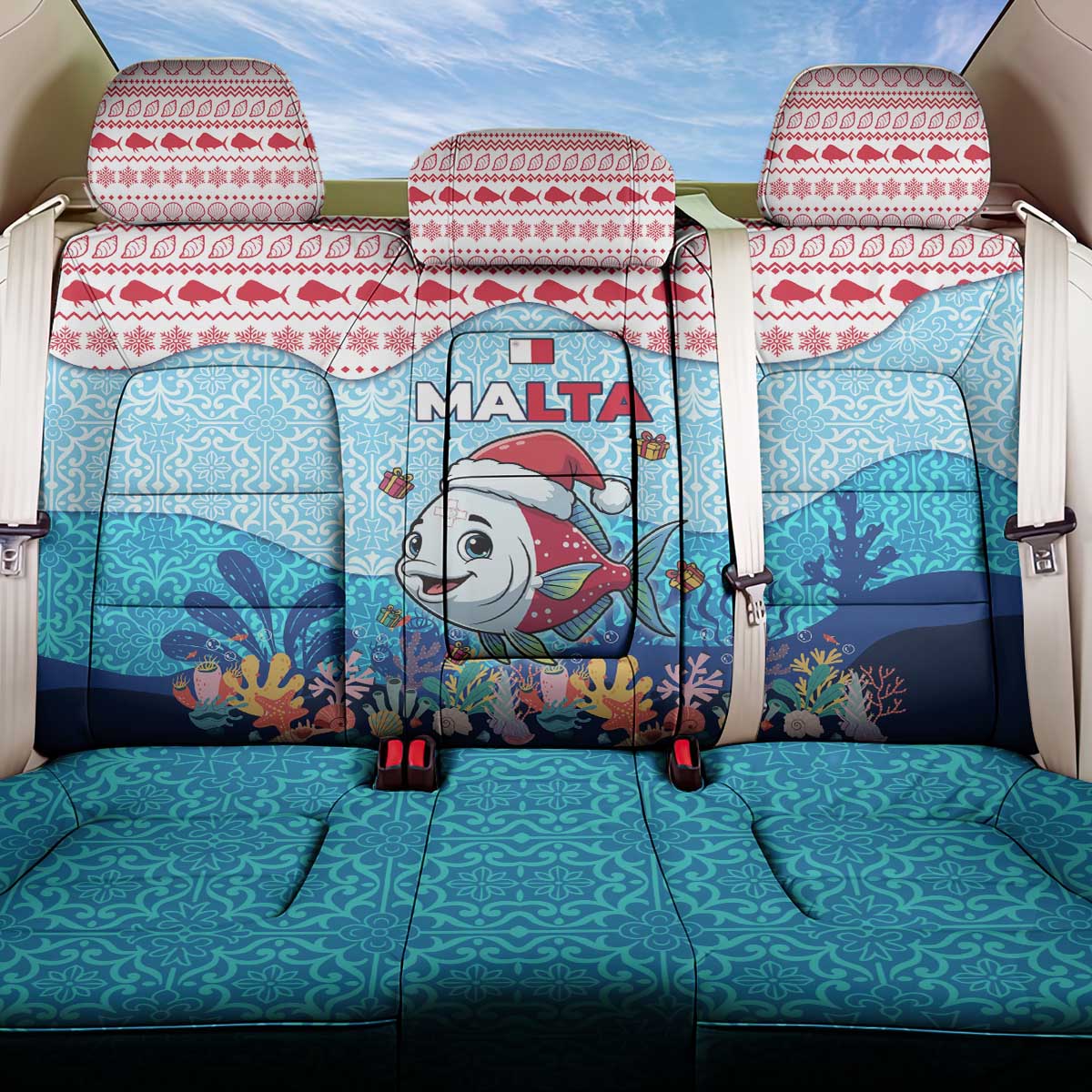 Malta Christmas Back Car Seat Cover with Santa Fish Malta Flag Coral Reef and Red Blue Festive Pattern Design - Wonder Print Shop