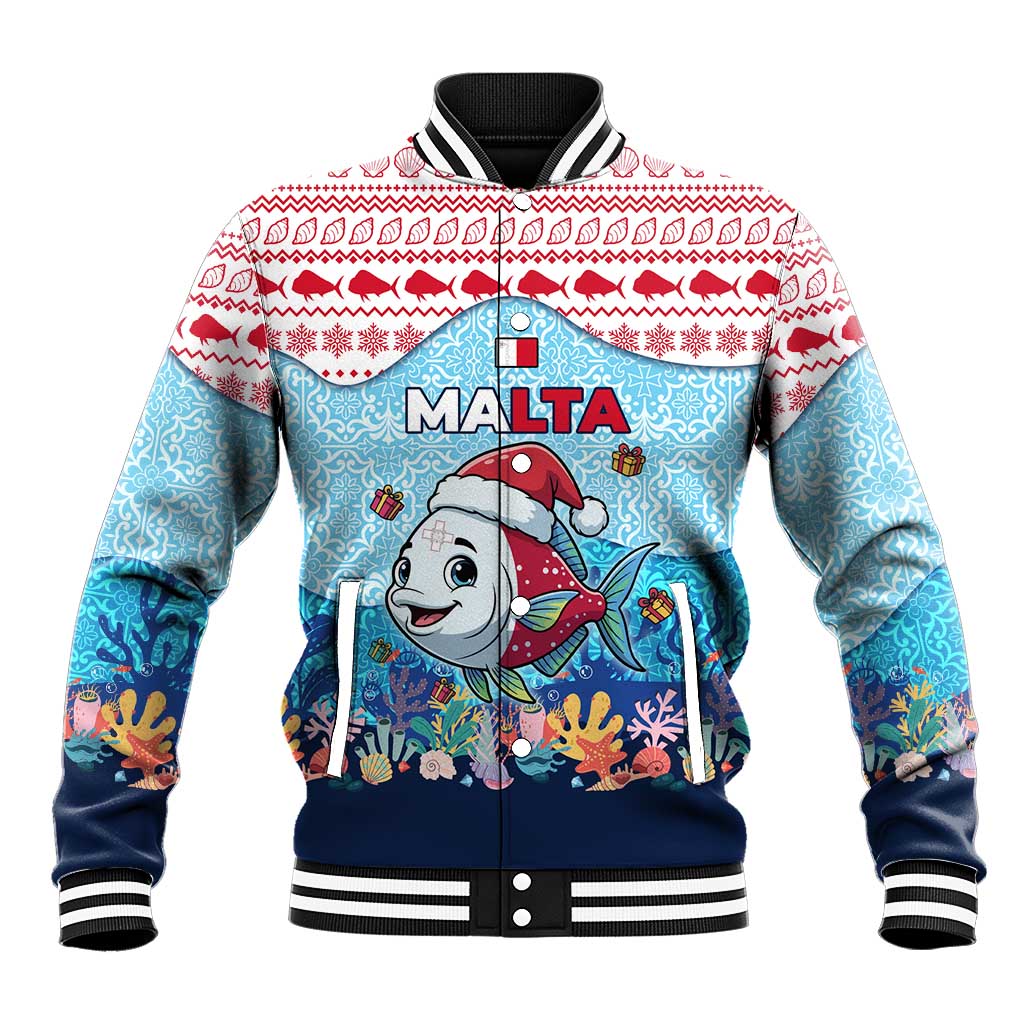 Malta Christmas Baseball Jacket with Santa Fish Malta Flag Coral Reef and Red Blue Festive Pattern Design - Wonder Print Shop