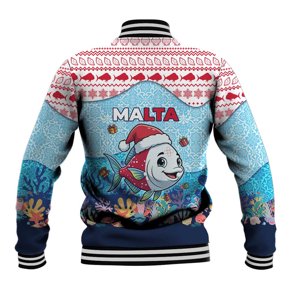 Malta Christmas Baseball Jacket with Santa Fish Malta Flag Coral Reef and Red Blue Festive Pattern Design - Wonder Print Shop