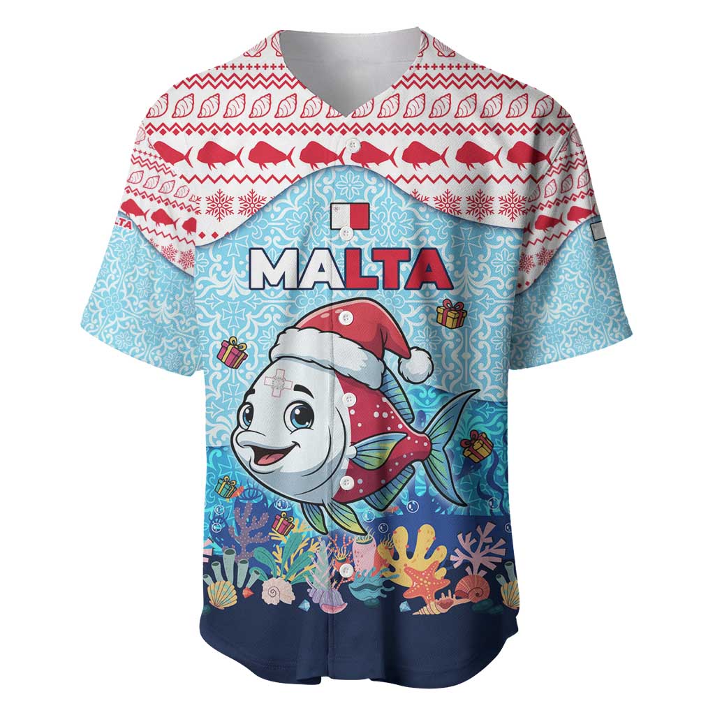 Malta Christmas Baseball Jersey with Santa Fish Malta Flag Coral Reef and Red Blue Festive Pattern Design - Wonder Print Shop