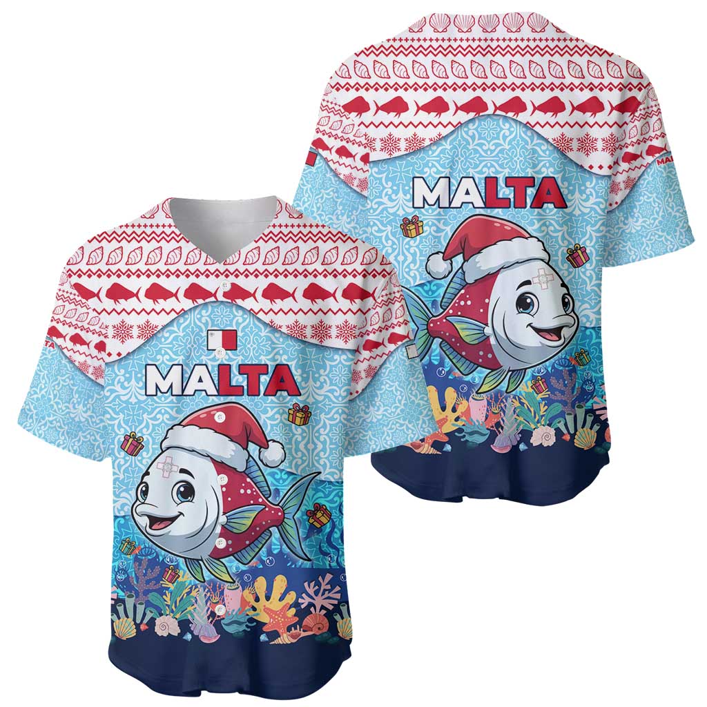 Malta Christmas Baseball Jersey with Santa Fish Malta Flag Coral Reef and Red Blue Festive Pattern Design - Wonder Print Shop