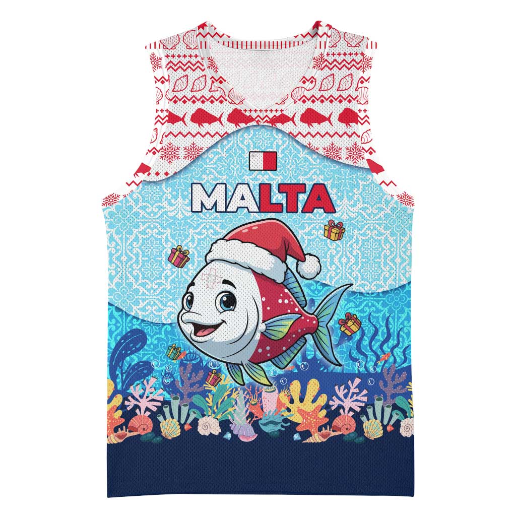 Malta Christmas Basketball Jersey with Santa Fish Malta Flag Coral Reef and Red Blue Festive Pattern Design - Wonder Print Shop