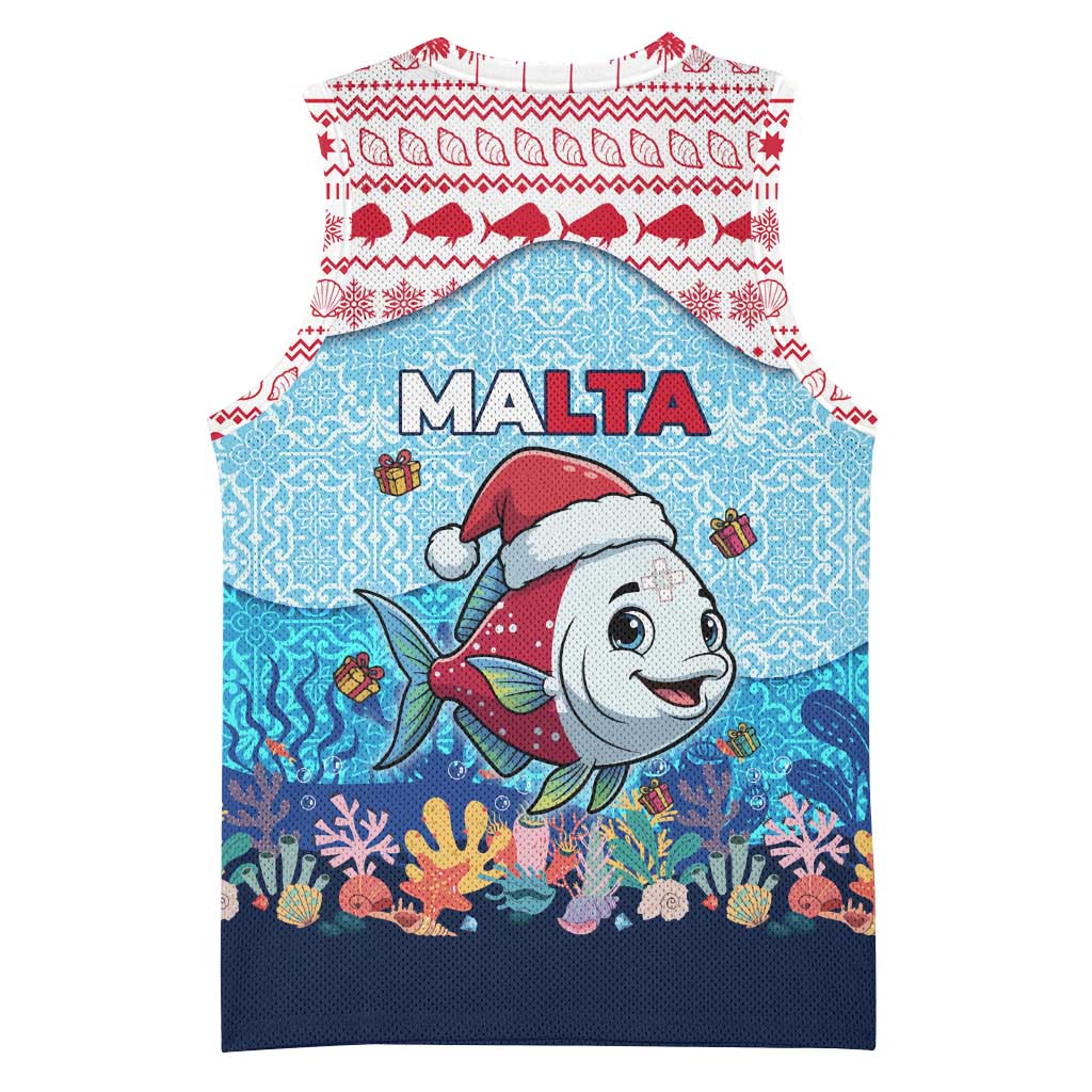 Malta Christmas Basketball Jersey with Santa Fish Malta Flag Coral Reef and Red Blue Festive Pattern Design - Wonder Print Shop