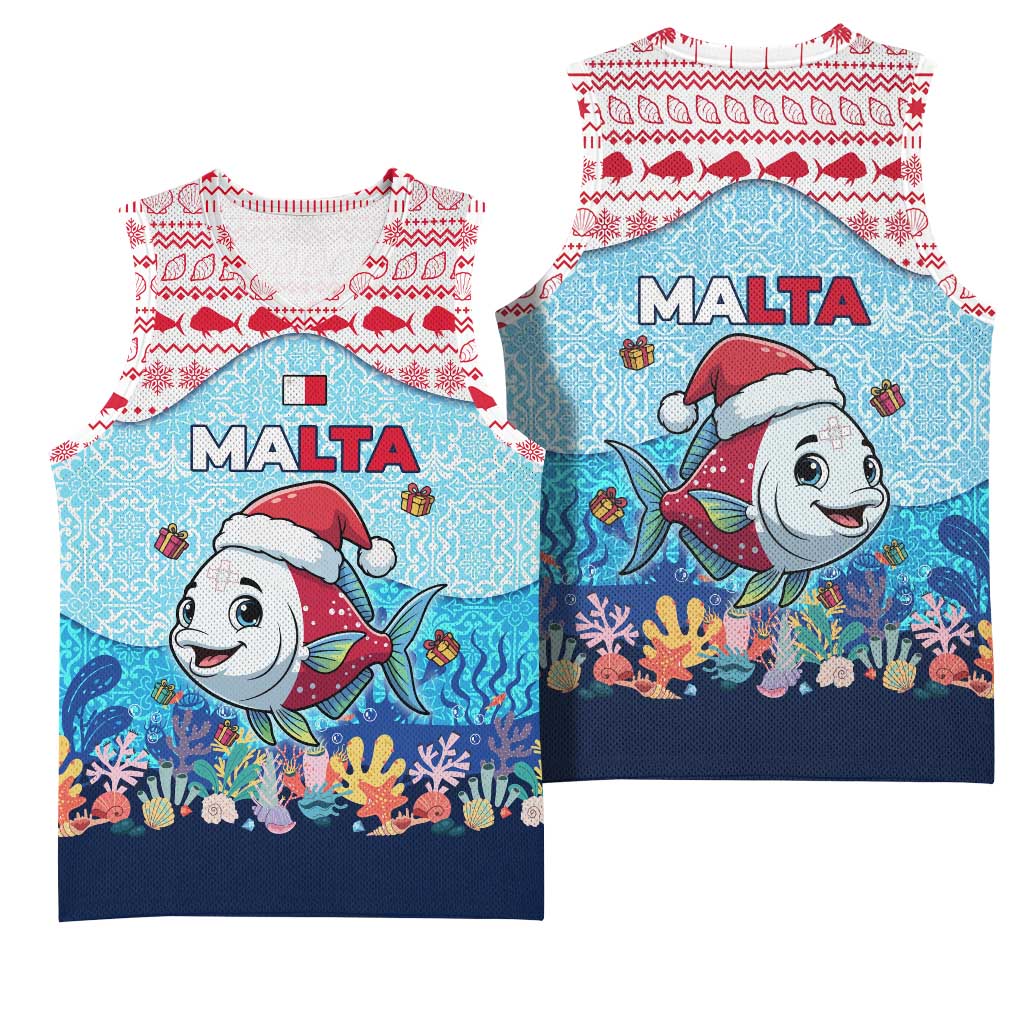 Malta Christmas Basketball Jersey with Santa Fish Malta Flag Coral Reef and Red Blue Festive Pattern Design - Wonder Print Shop