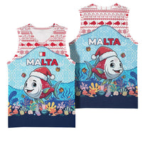 Malta Christmas Basketball Jersey with Santa Fish Malta Flag Coral Reef and Red Blue Festive Pattern Design - Wonder Print Shop