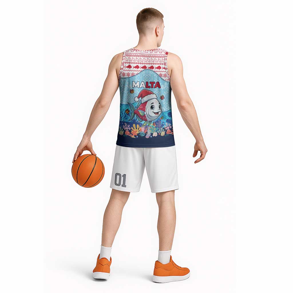 Malta Christmas Basketball Jersey with Santa Fish Malta Flag Coral Reef and Red Blue Festive Pattern Design - Wonder Print Shop