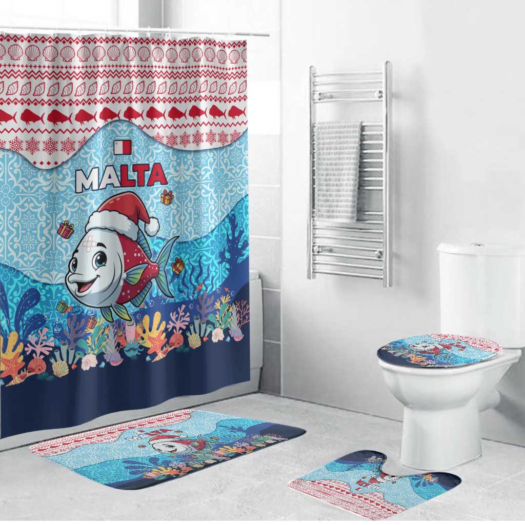 Malta Christmas Bathroom Set with Santa Fish Malta Flag Coral Reef and Red Blue Festive Pattern Design - Wonder Print Shop
