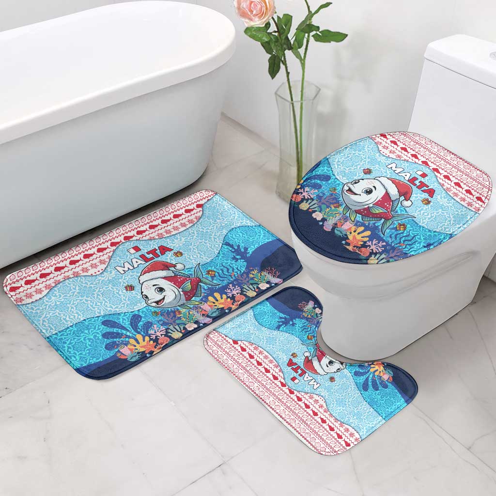 Malta Christmas Bathroom Set with Santa Fish Malta Flag Coral Reef and Red Blue Festive Pattern Design - Wonder Print Shop