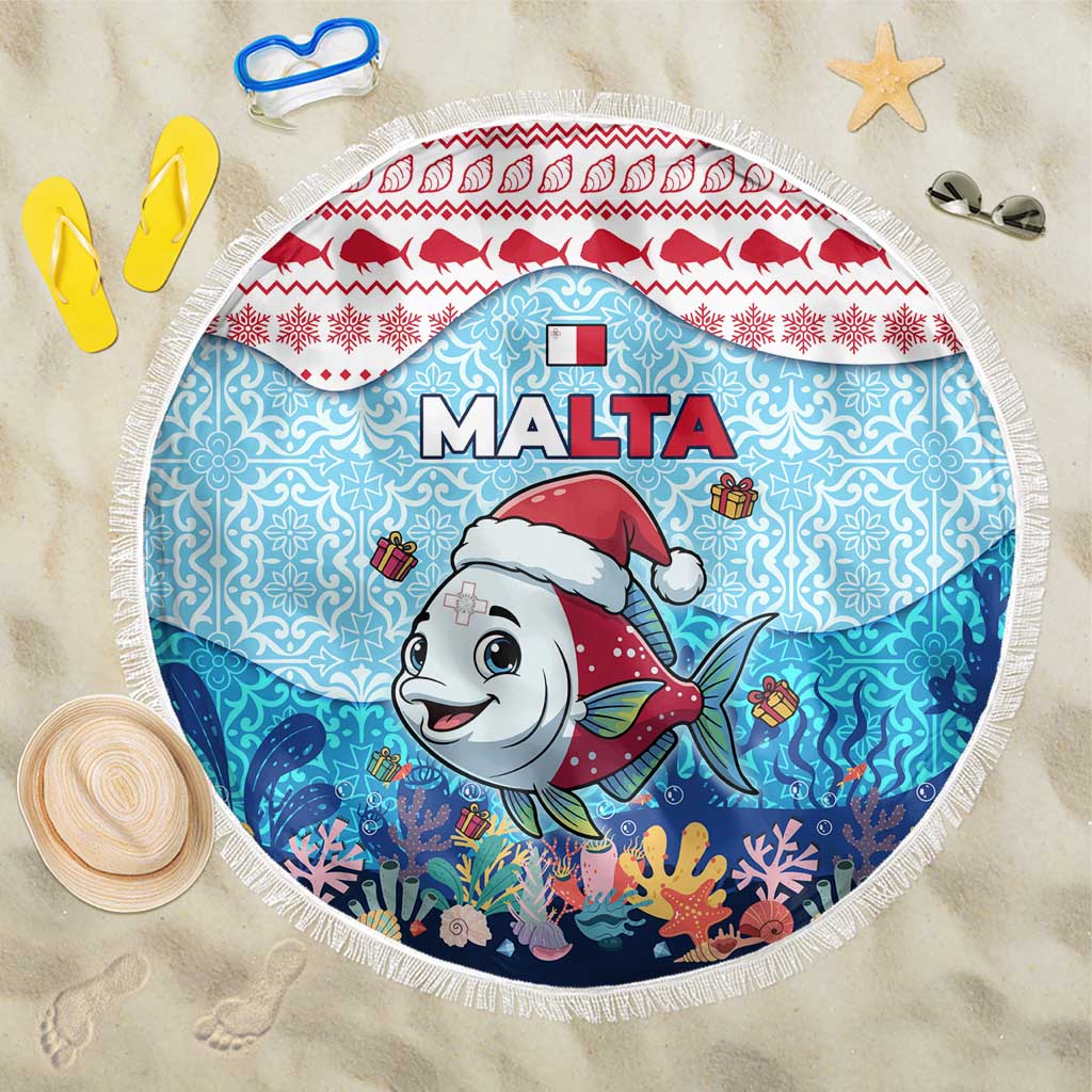Malta Christmas Beach Blanket with Santa Fish Malta Flag Coral Reef and Red Blue Festive Pattern Design - Wonder Print Shop