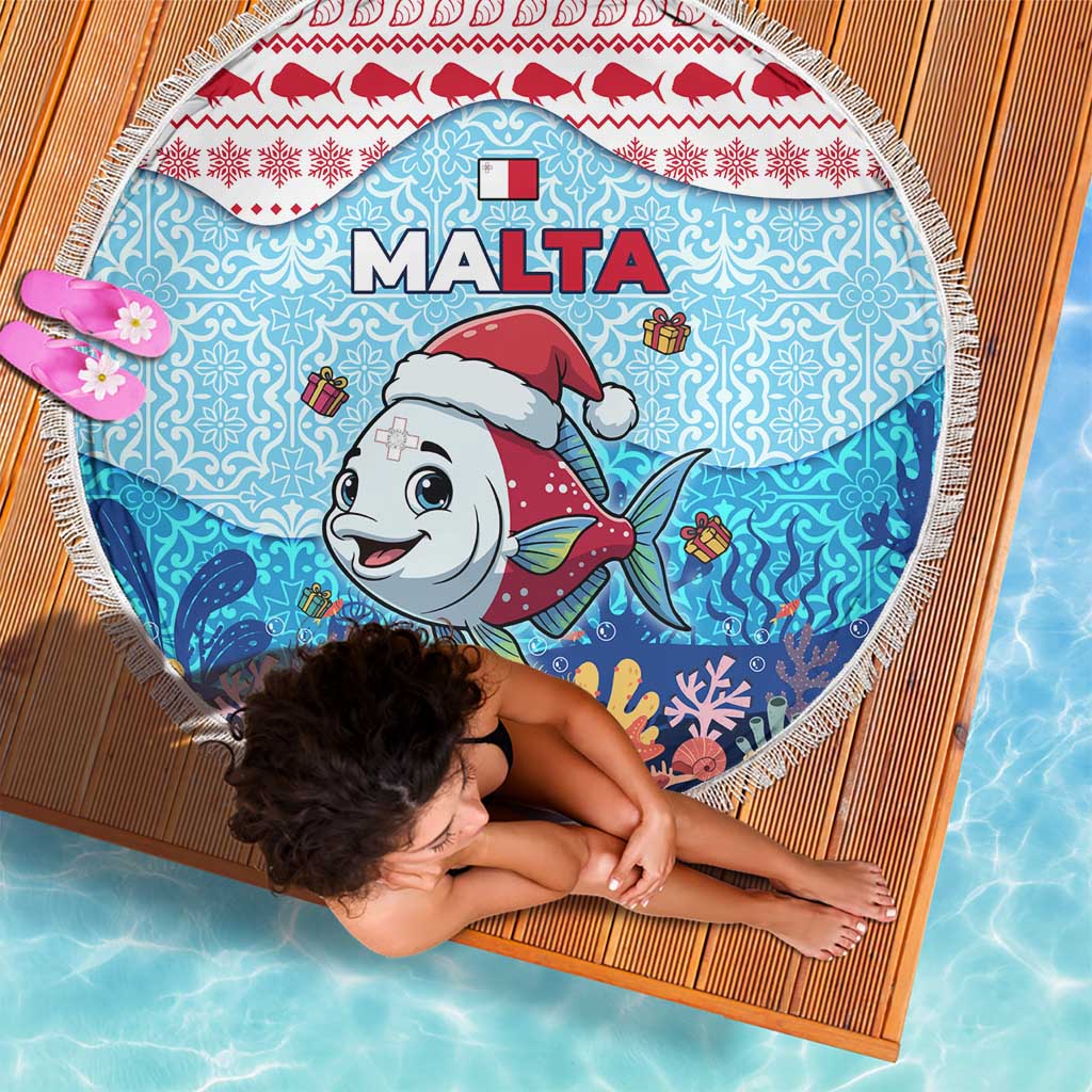 Malta Christmas Beach Blanket with Santa Fish Malta Flag Coral Reef and Red Blue Festive Pattern Design - Wonder Print Shop