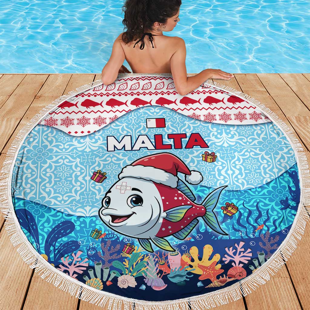 Malta Christmas Beach Blanket with Santa Fish Malta Flag Coral Reef and Red Blue Festive Pattern Design - Wonder Print Shop