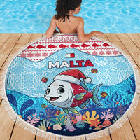 Malta Christmas Beach Blanket with Santa Fish Malta Flag Coral Reef and Red Blue Festive Pattern Design - Wonder Print Shop