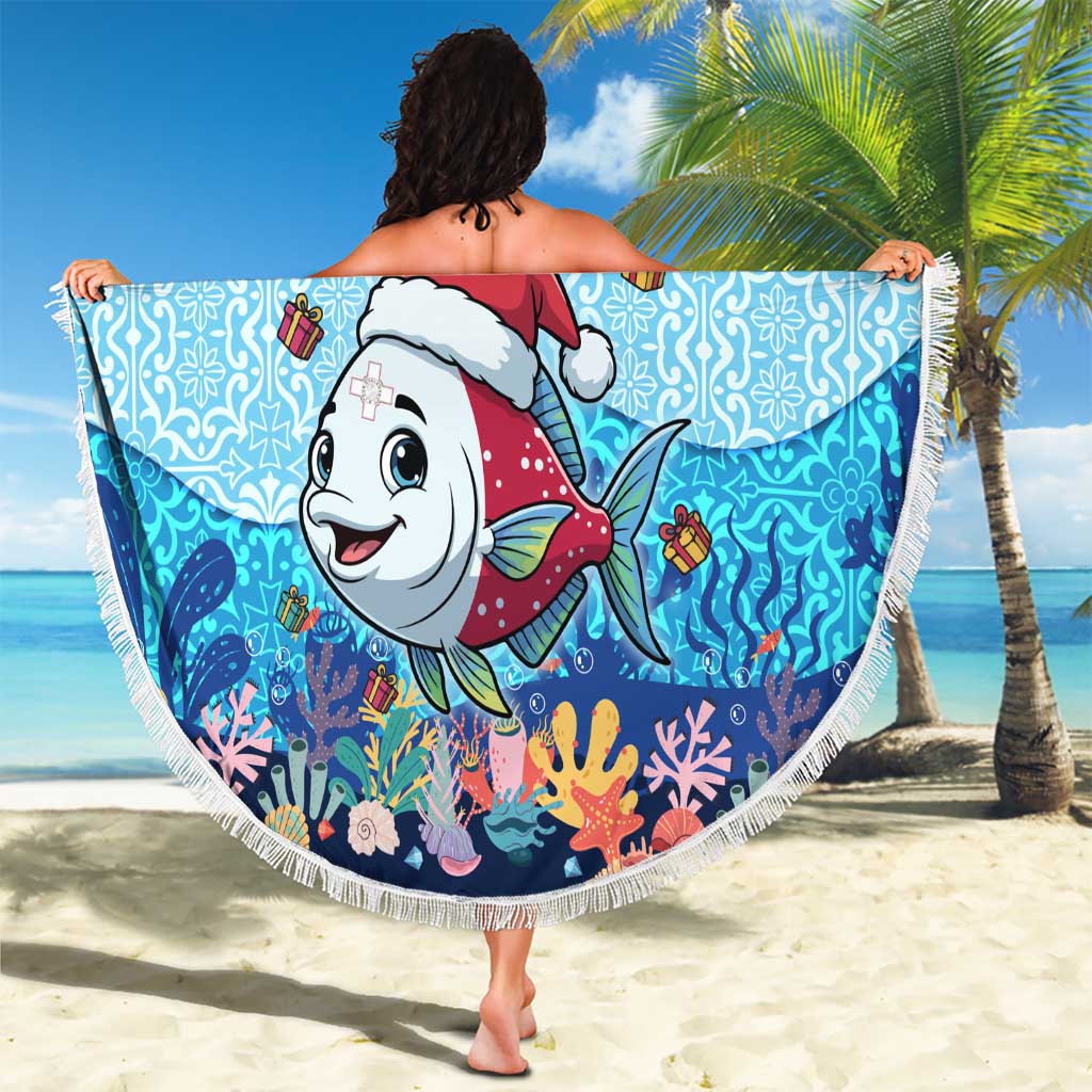 Malta Christmas Beach Blanket with Santa Fish Malta Flag Coral Reef and Red Blue Festive Pattern Design - Wonder Print Shop