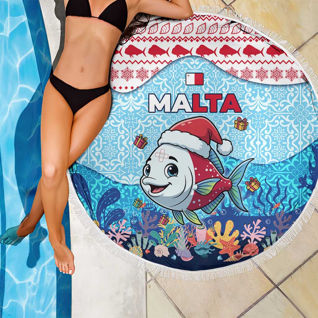 Malta Christmas Beach Blanket with Santa Fish Malta Flag Coral Reef and Red Blue Festive Pattern Design - Wonder Print Shop