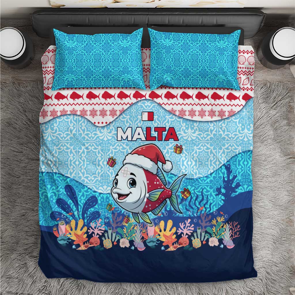 Malta Christmas Bedding Set with Santa Fish Malta Flag Coral Reef and Red Blue Festive Pattern Design - Wonder Print Shop