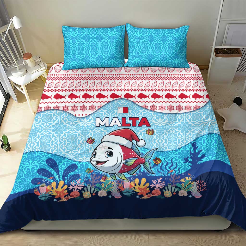 Malta Christmas Bedding Set with Santa Fish Malta Flag Coral Reef and Red Blue Festive Pattern Design - Wonder Print Shop