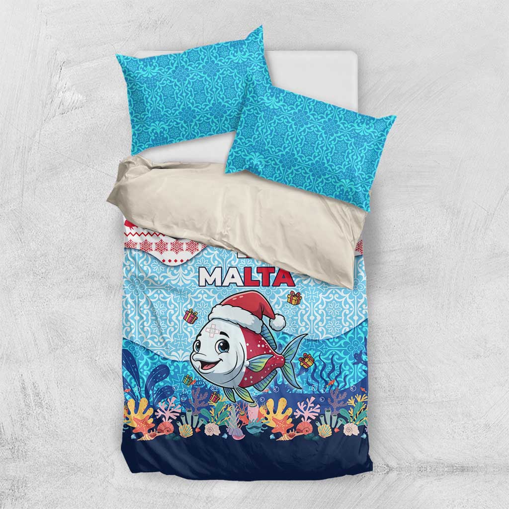 Malta Christmas Bedding Set with Santa Fish Malta Flag Coral Reef and Red Blue Festive Pattern Design - Wonder Print Shop